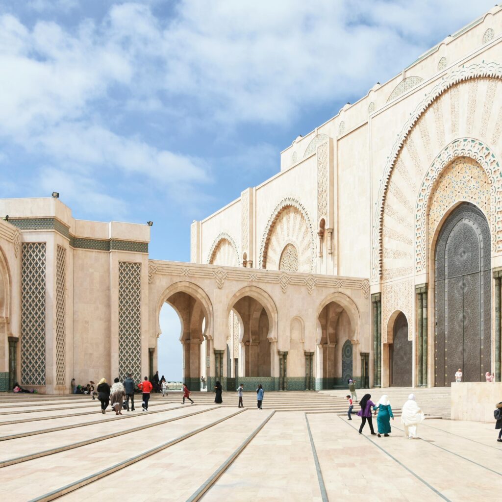 Wide open mosque courtyard with archway