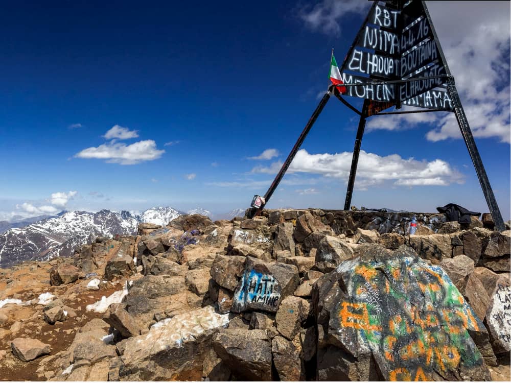 Painted signpost at mountain summit