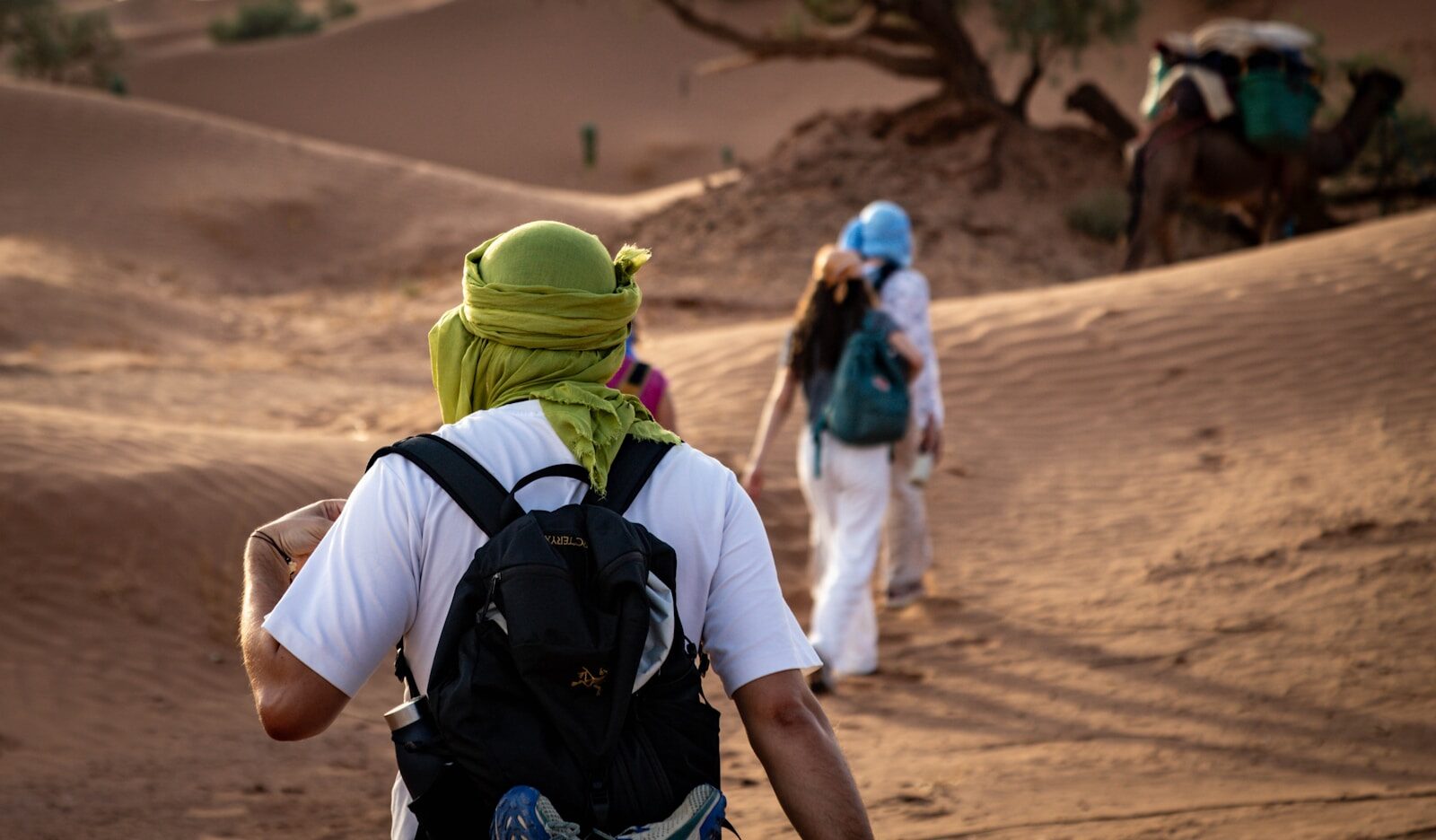 Desert Trekking People walking through desert dunes with a camel