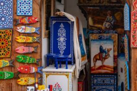 Colorful decorative fish and moroccan crafts displayed