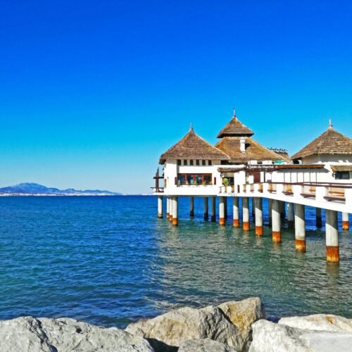 white and brown wooden house on sea during daytime