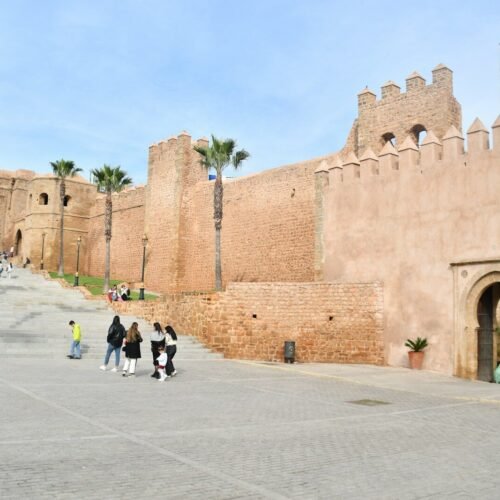 a group of people walking down a street next to a castle