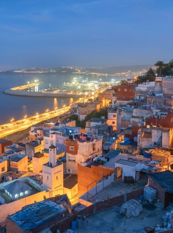 aerial view of city near body of water during night time