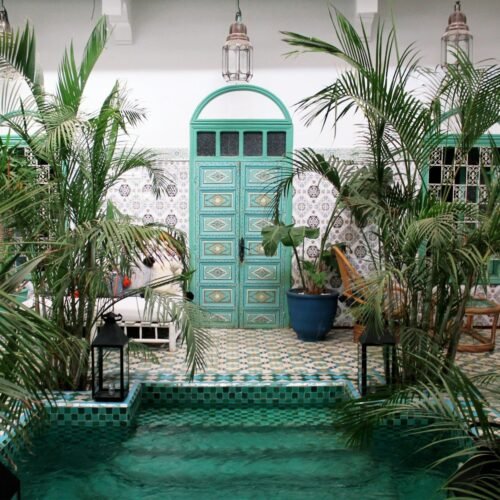 a pool with a green door surrounded by palm trees