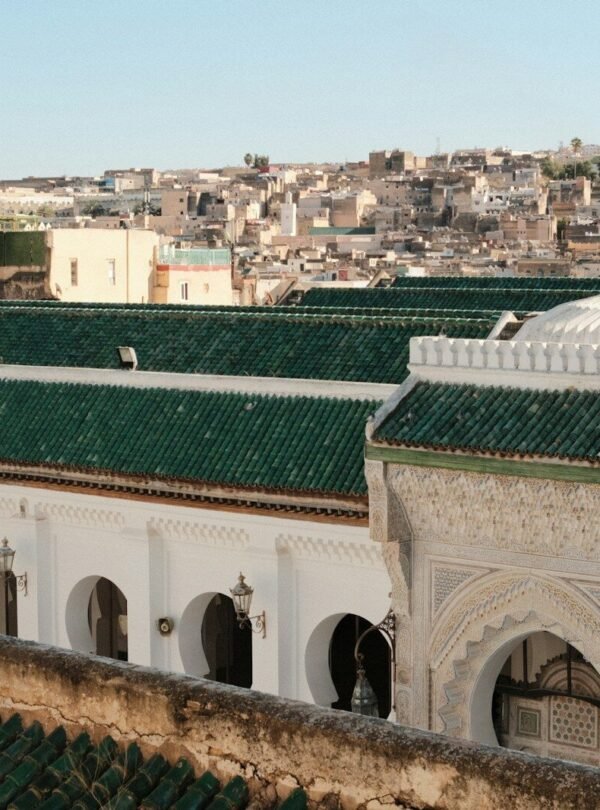 A view of a building with a green roof