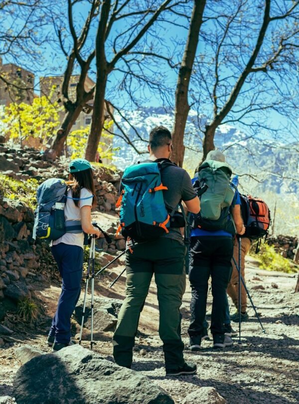 a group of hikers trekking up a rocky trail