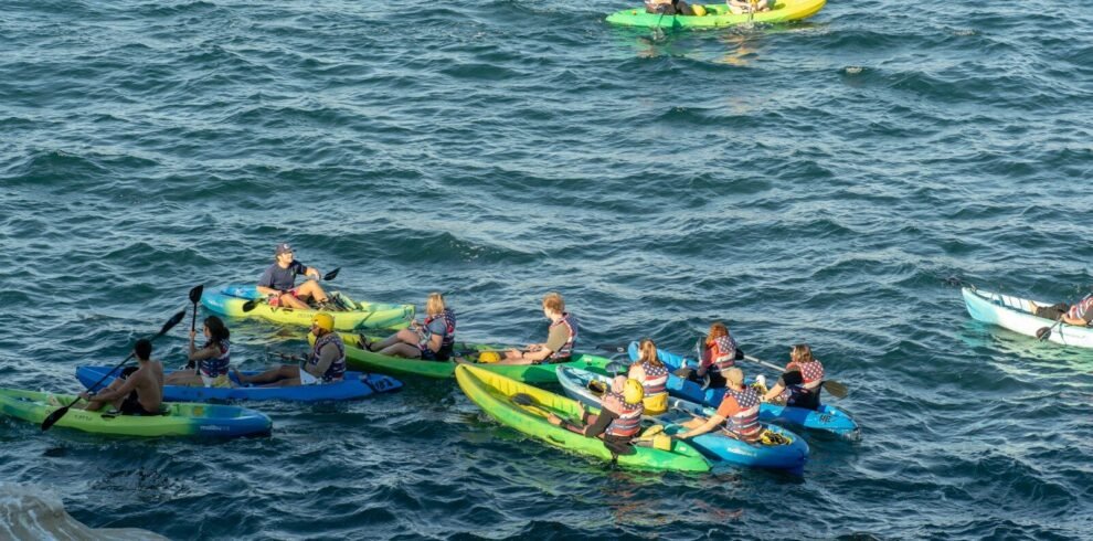 Several kayaks with people paddling on the ocean.