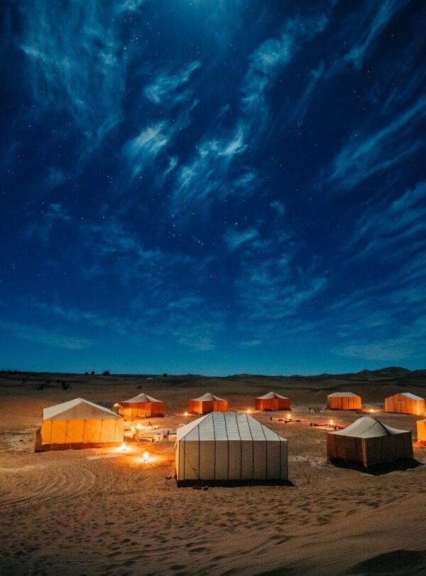 white and brown tent on brown field under blue sky during night time