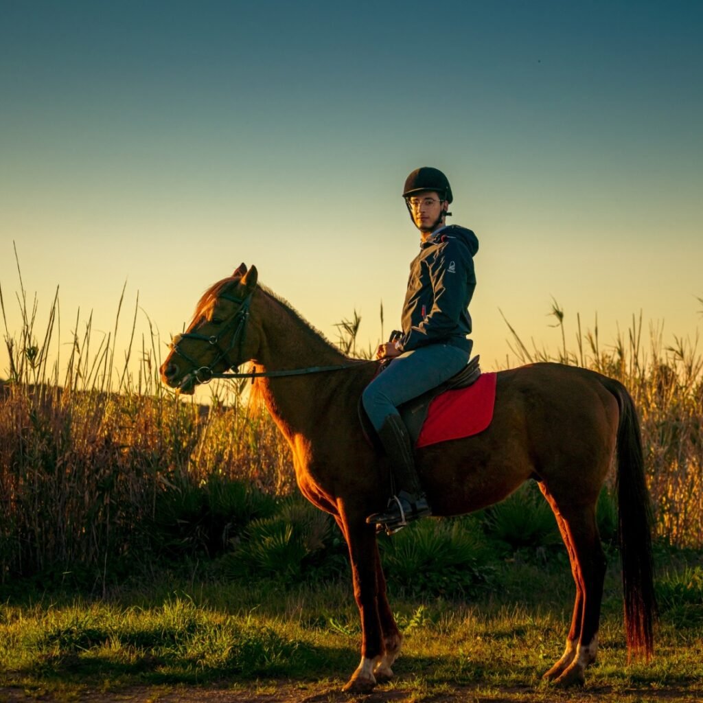 Young man wearing a riding helmet on a brown horse at golden hour sunset