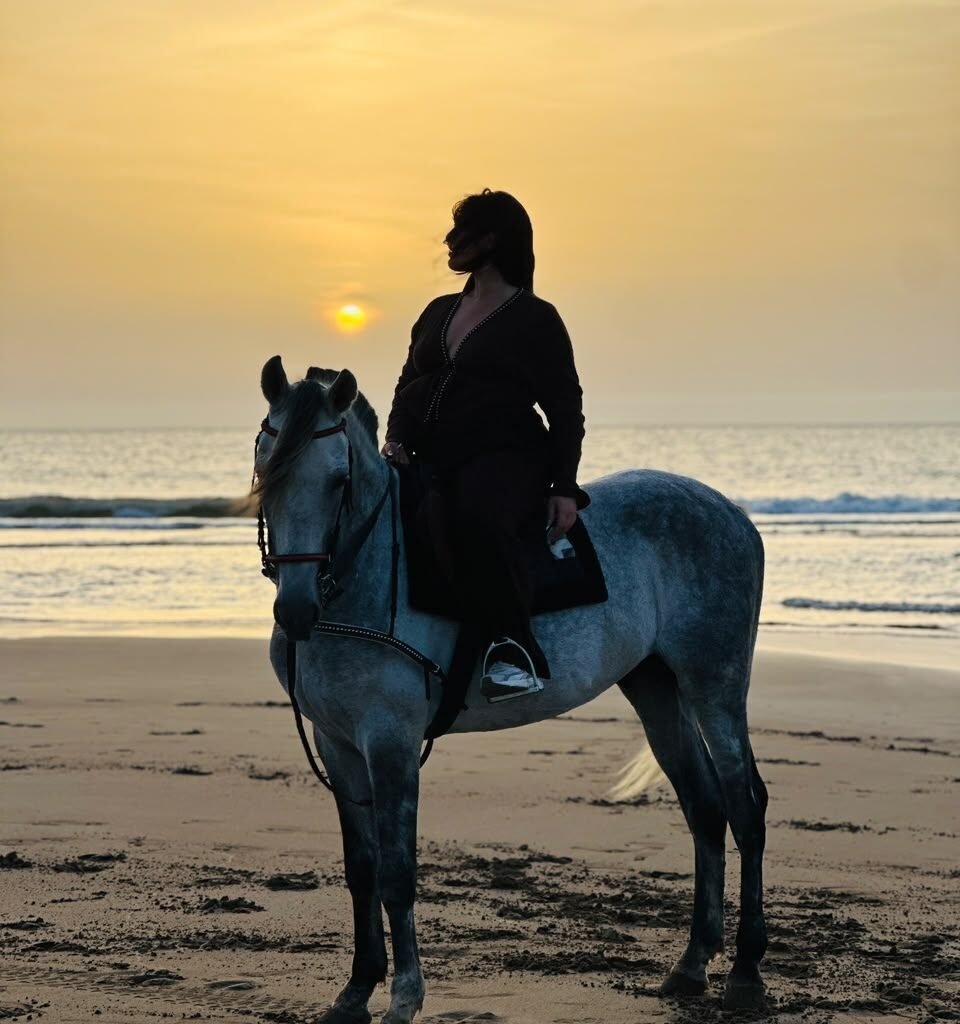 Silhouette of a female rider on a white horse at the ocean edge during sunset in Morocco