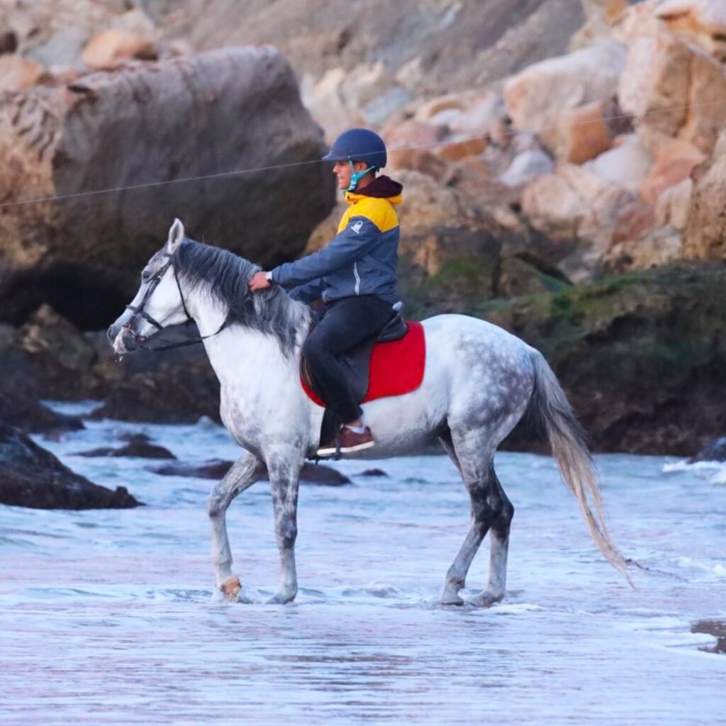 Rider wearing a blue helmet on a dapple grey horse in shallow ocean waves near rocky cliffs