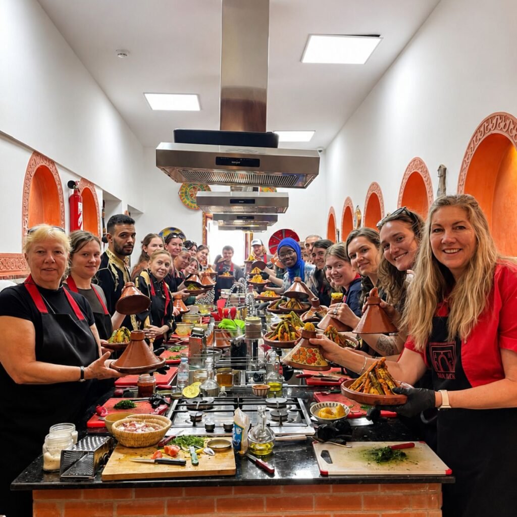 Group of smiling travelers participating in a Moroccan cooking class holding up their prepared tagines