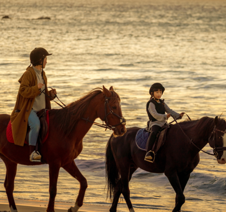 An adult and child wearing riding helmets horseback riding along the ocean shoreline during a warm sunset