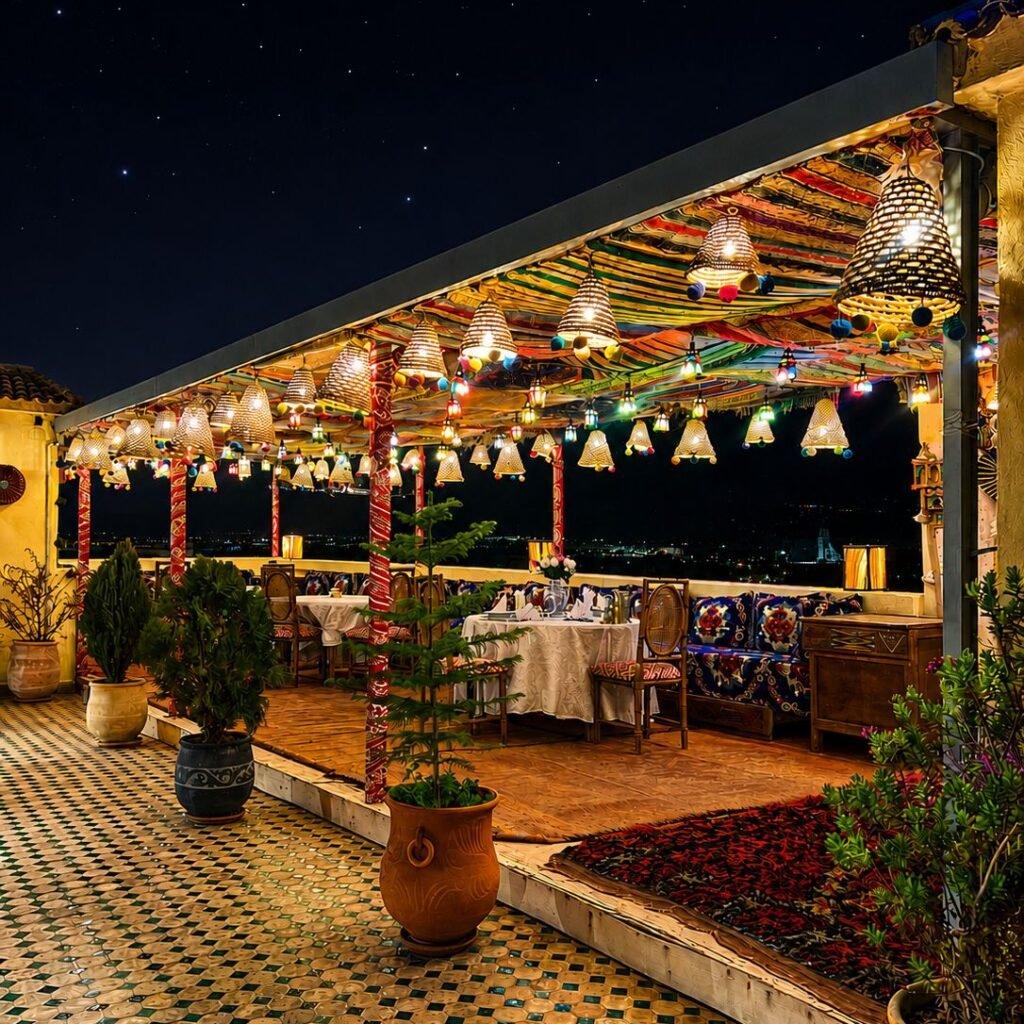 A rooftop terrace restaurant decorated with colorful hanging lanterns and dining tables under a star-filled sky
