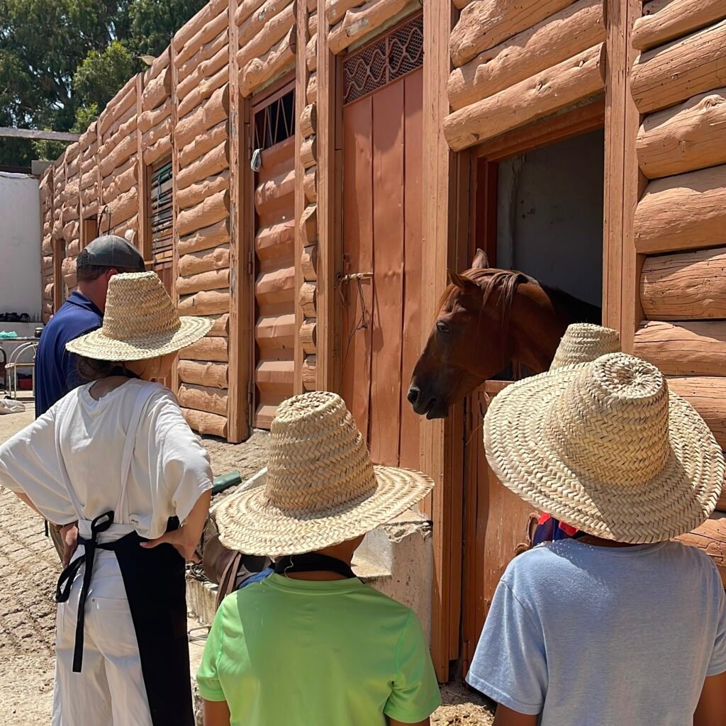 Family of travelers wearing straw hats visiting a horse stable on an organic farm tour