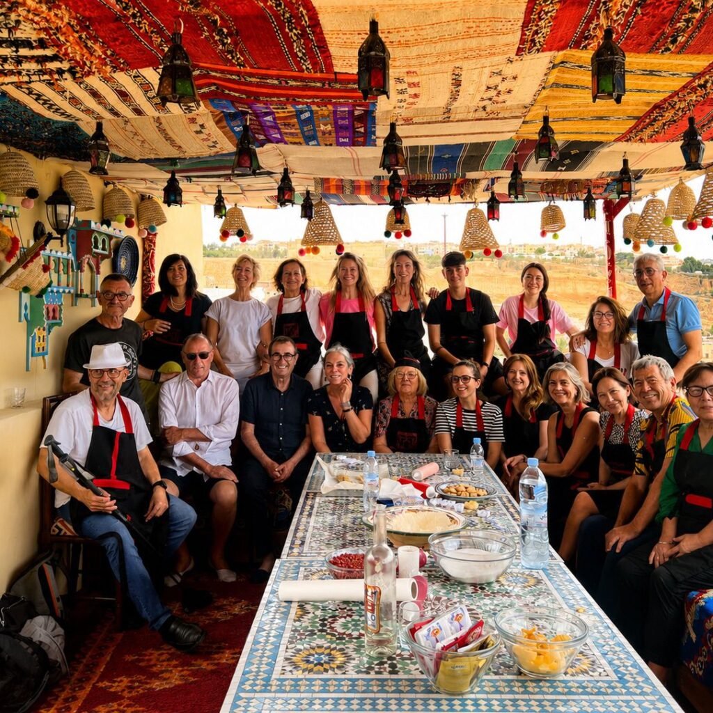 Group of participants gathered around a beautifully set traditional table on a rooftop terrace during a cooking workshop