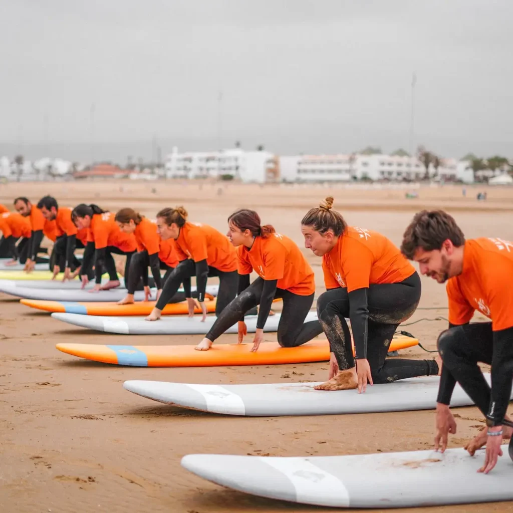 Line of surf students practicing popups on surfboards lined up on the sand