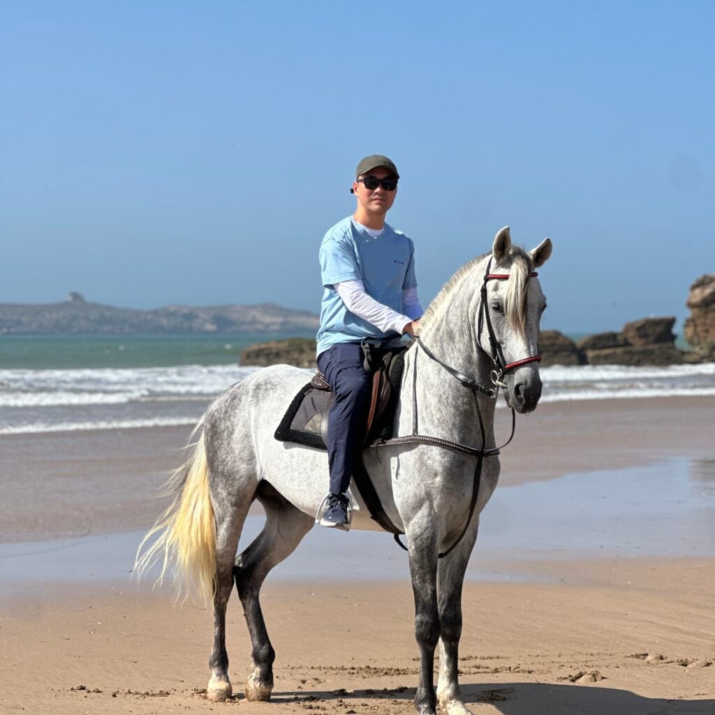 Male traveler wearing sunglasses and a cap riding a white horse along the shore