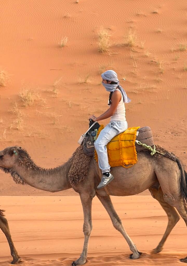Solo traveler riding a camel across the Sahara desert sand dunes during a trek