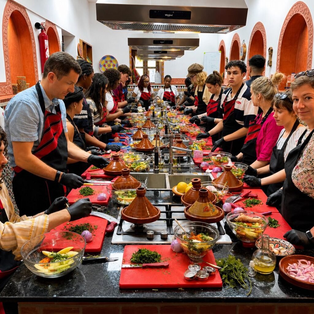 Travelers participating in an interactive cooking workshop preparing traditional Moroccan food
