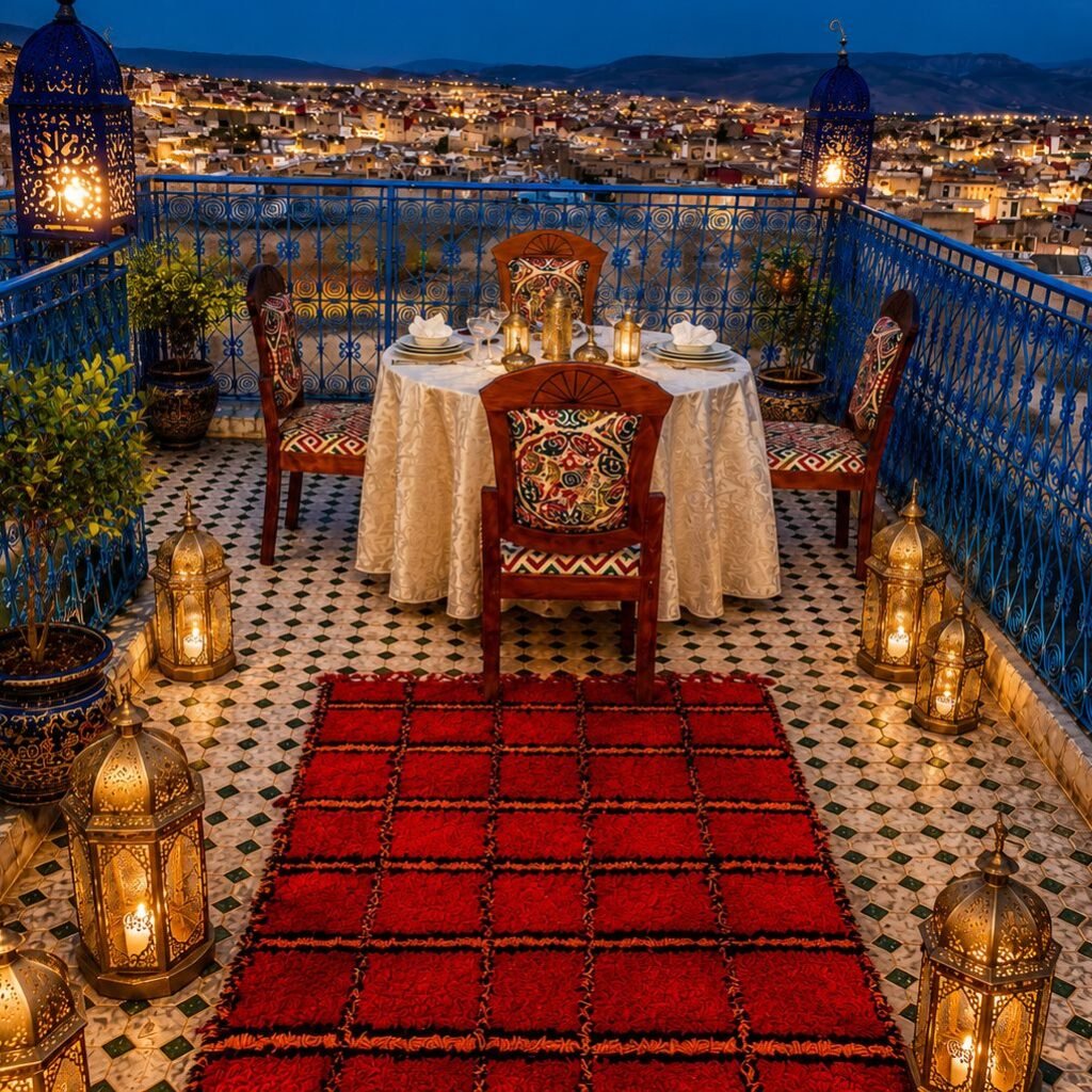 An outdoor rooftop dining setup at dusk featuring a decorated table, lanterns, a red rug, and a city view