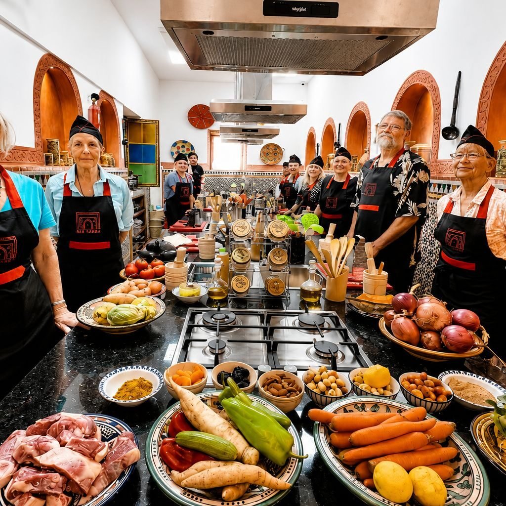 Travelers standing behind prepared ingredients during a traditional Moroccan culinary class