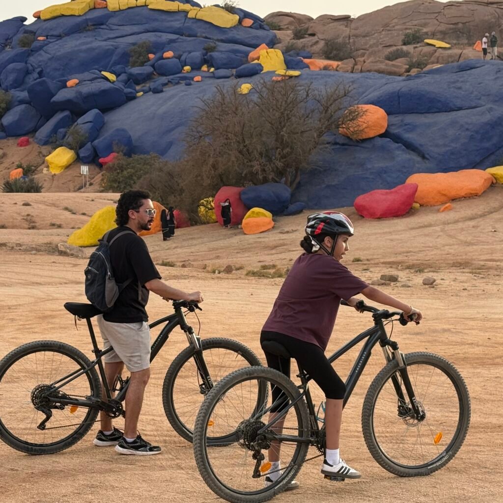 Two cyclists with mountain bikes looking at the painted rocks landmark near Tafraoute, Morocco.