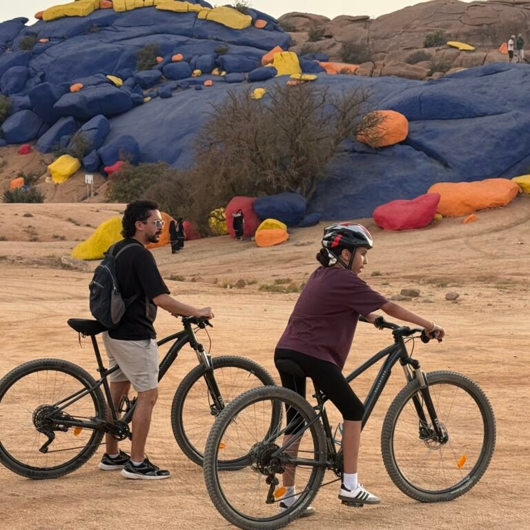 Two cyclists with mountain bikes looking at the painted rocks landmark near Tafraoute, Morocco.