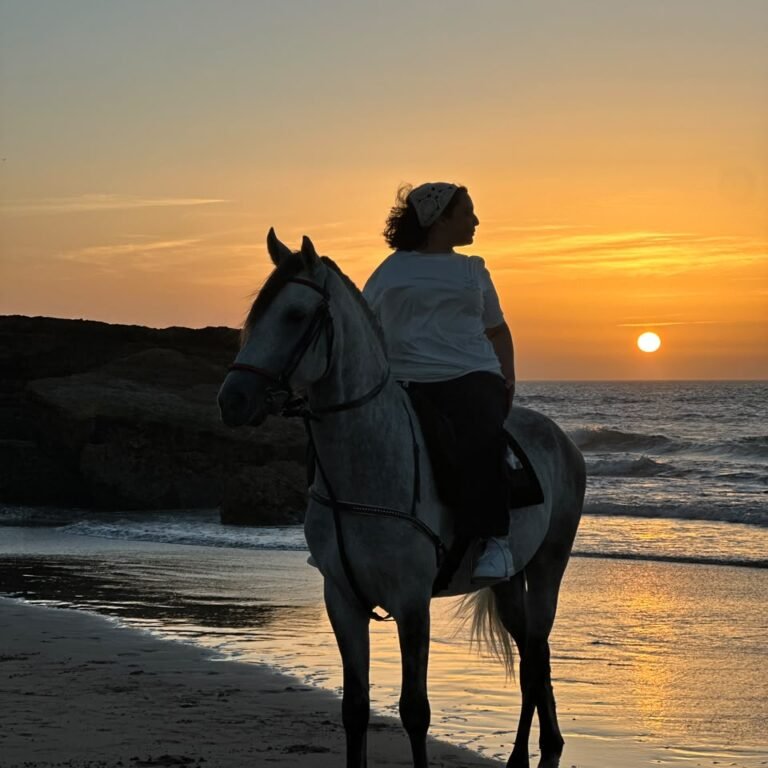 Female traveler on a white horse looking at the setting sun over the ocean tide