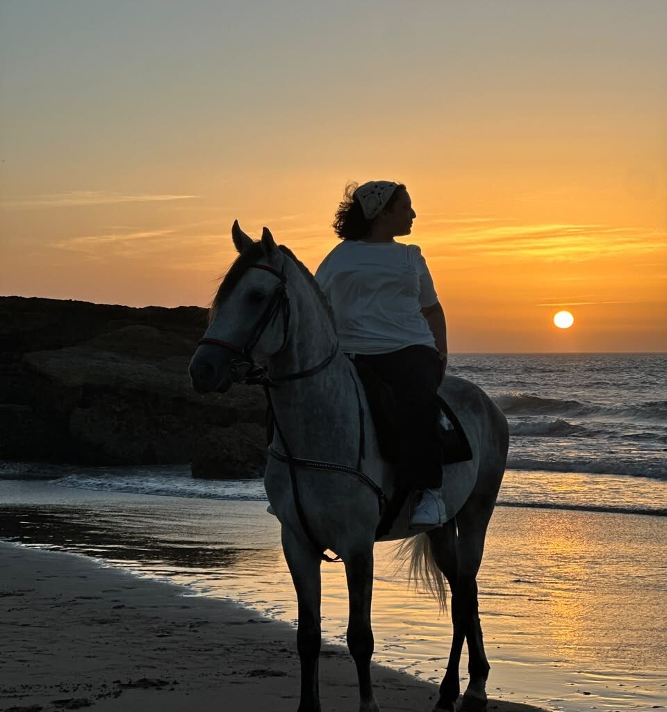Female traveler on a white horse looking at the setting sun over the ocean tide